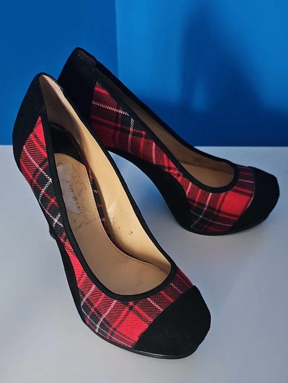 Gianni Bini Red Plaid High Heel Pumps with Black Trim